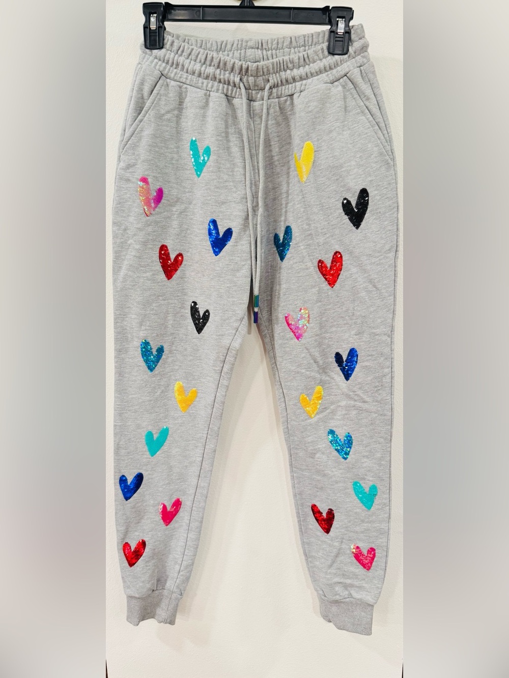 QUEEN OF SPARKLES Gray Jogger Pants with Multicolor Sequin Hearts